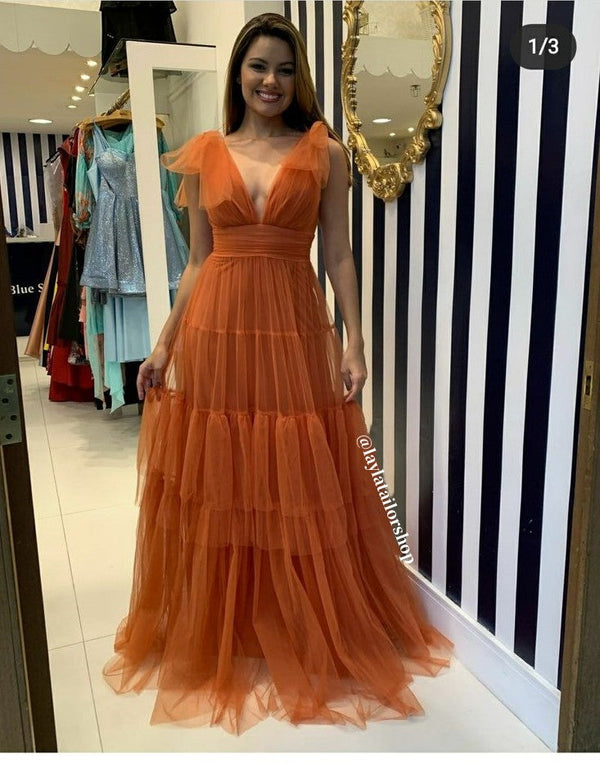 SSR1213,Deep V-Neck Prom Dresses,Tulle A-Line Evening Dresses