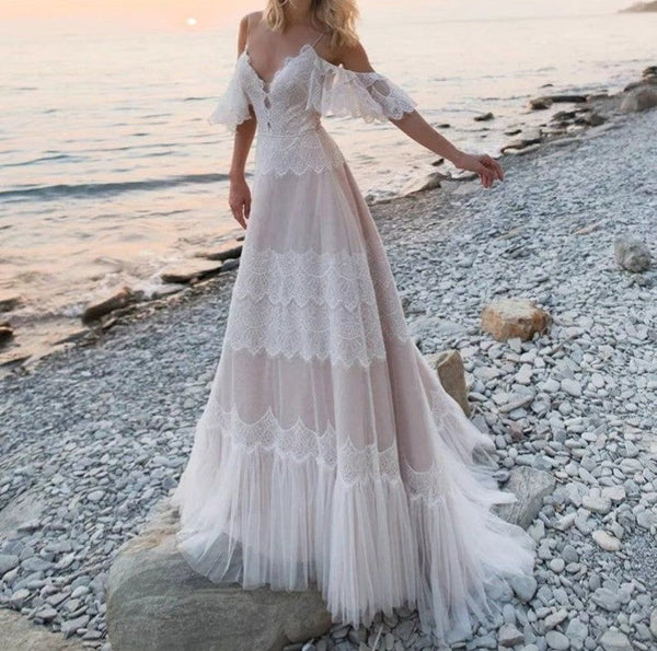 Sweet White Lace Champagne Lining Tulle Wedding Dresses, Spaghetti Straps Off The Shoulder Bohemia Wedding Gown