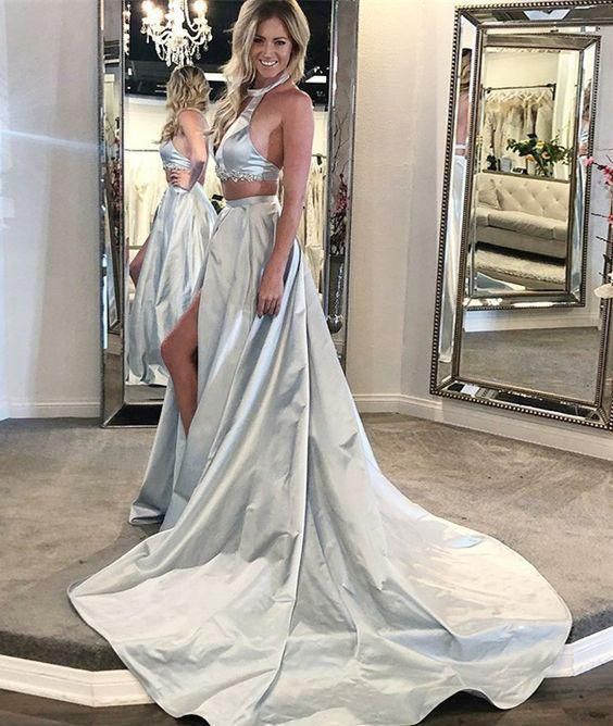 SSR0984,Two pieces a-line prom dresses halter evening formal dress
