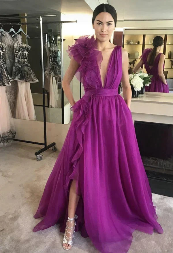 SSR1225,Deep V-Neck Sexy Prom Dresses,Purple Tulle A-Line Evening Party Gown
