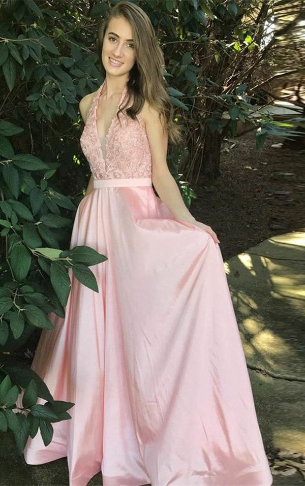 SSR0755,Light pink satin prom evening dresses,v-neck halter formal gown