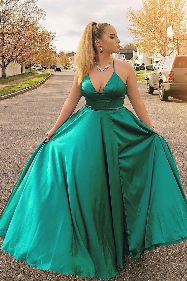 SSR0401,Cheap green prom dresses long prom dress spaghetti straps v neck evening gown a-line party dress