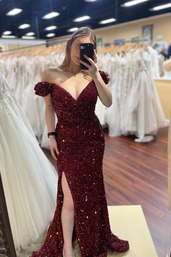Off the shoulder Burgundy Sequin Mermaid Prom Dress