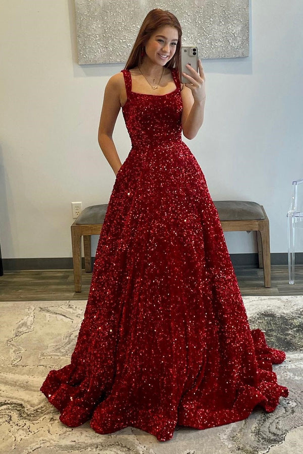 Red Sequin Square Neck A-line Prom Dress