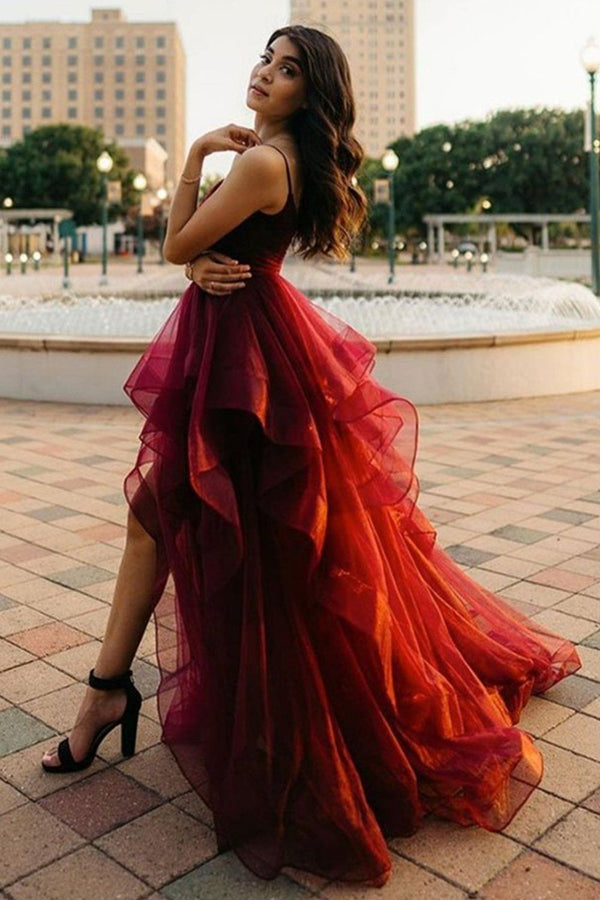 SSR0440,High Low Burgundy Tulle Long Prom Dress, Wine Red High Low Formal Evening Dress