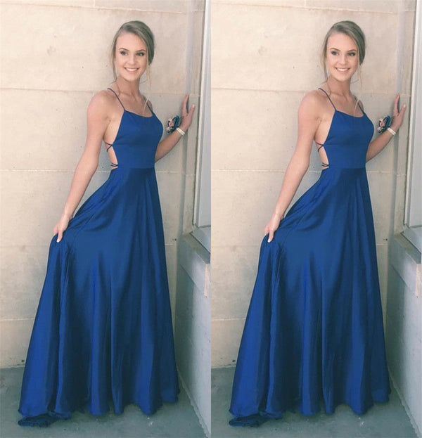 SSR0461,Blue spaghetti straps criss back satin prom dress long evening gown