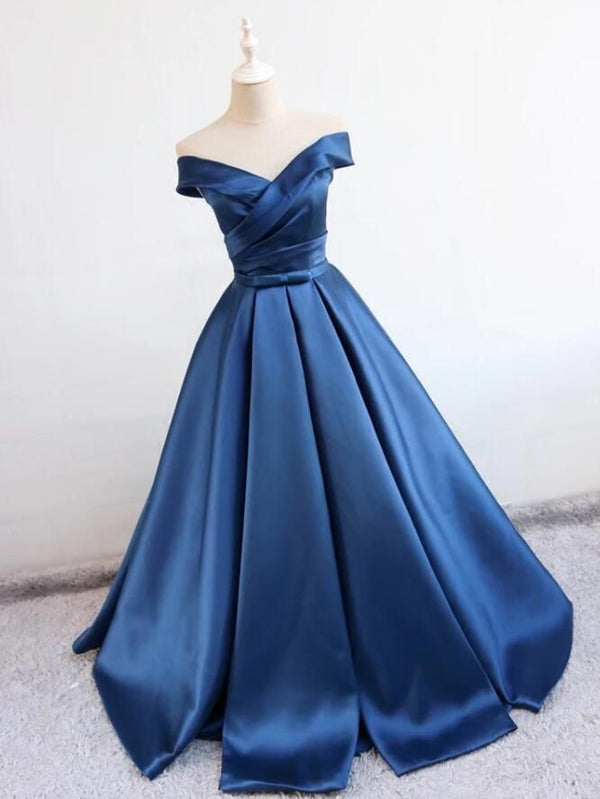 SSR0322,Off the shoulder blue a line prom dresses satin prom dress long evening dresses