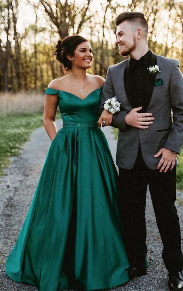 SSR0763,Green A-Line Off The Shoulder Prom Dresses Beaded Satin Evening Party Dress