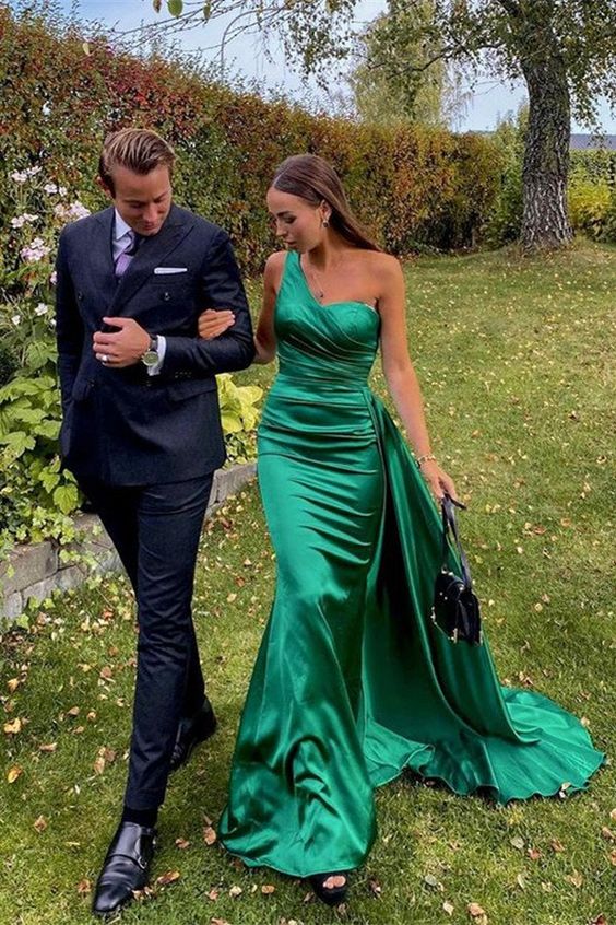 SSR0891,Green One Shoulder Prom Dress Long Satin Mermaid Prom Dresses
