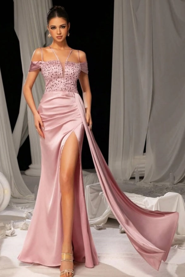 Pink Sequins Split Double Shoulder Straps Prom Dress ssr0346