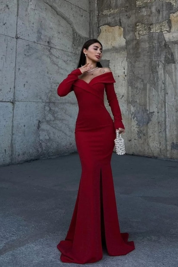 Red Off-The-Shoulder Long Sleeves Split Prom Dress ssr0339
