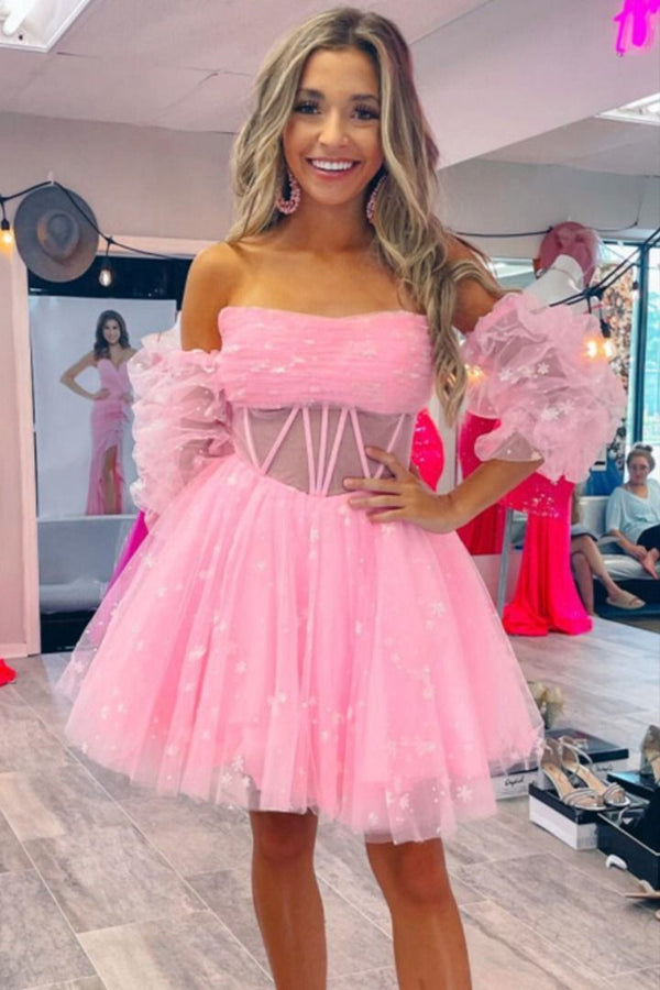 A-Line Pink Strapless Tulle Homecoming Dress with Puffy Sleeves, SSR2906