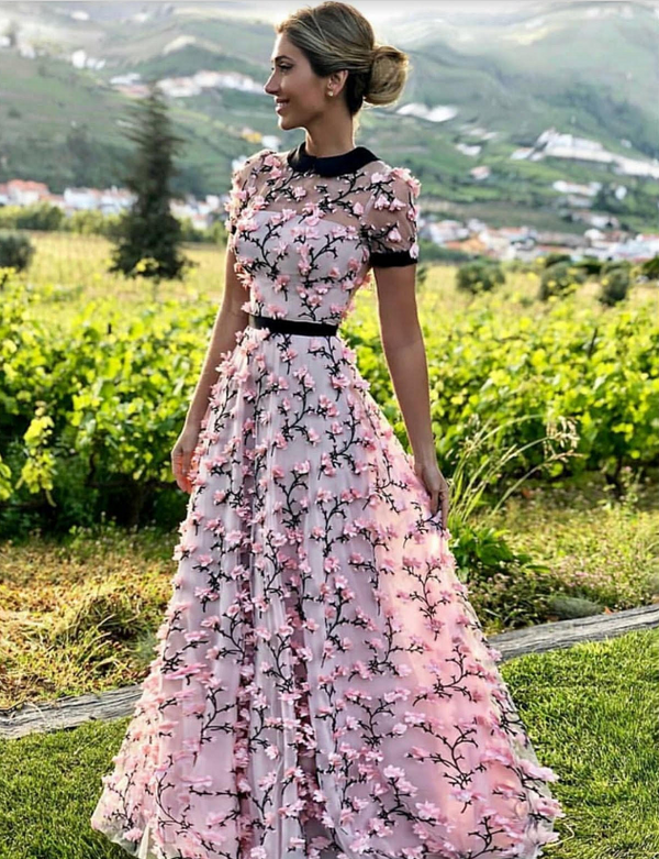 SSR1726,A-Line Round Neckline Short Sleeves 3D Floral Long Prom Dress