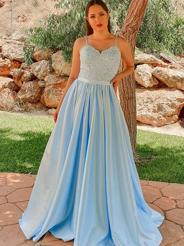 SSR0752,Light blue prom dresses,spaghetti straps formal gown,a-line satin applique long prom dress evening dress