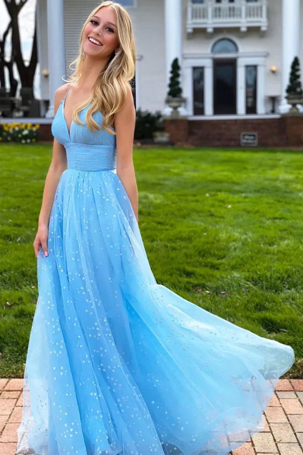SSR1200,A Line V Neck Light Blue Long Prom Dresses with Star Sequins,Light Blue Formal Evening Dresses