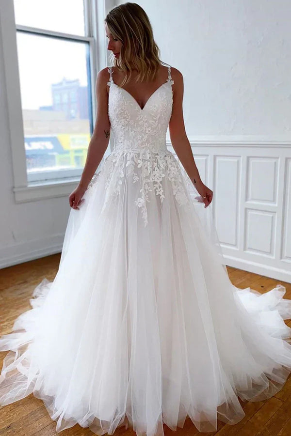 SSR1174,White Tulle Wedding Dresses,A-Line Lace Applique Wedding Bridal Gown
