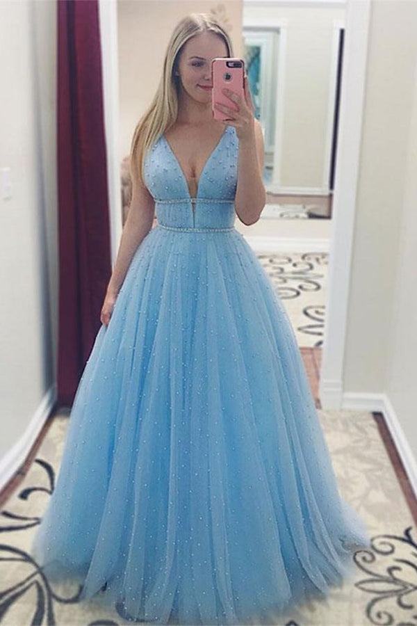 SSR0700,Sky blue lace prom dress v-neck beaded long evening formal gown