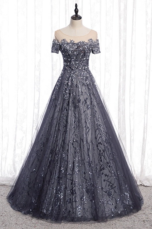 A-line Grey Appliques Long Formal Gown