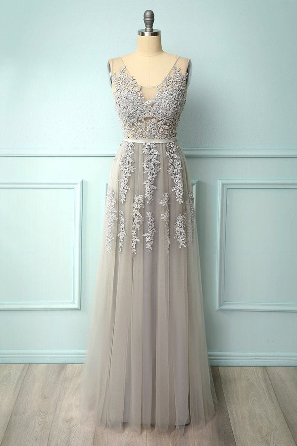 A-line Grey Tulle and Lace Long Formal Dress