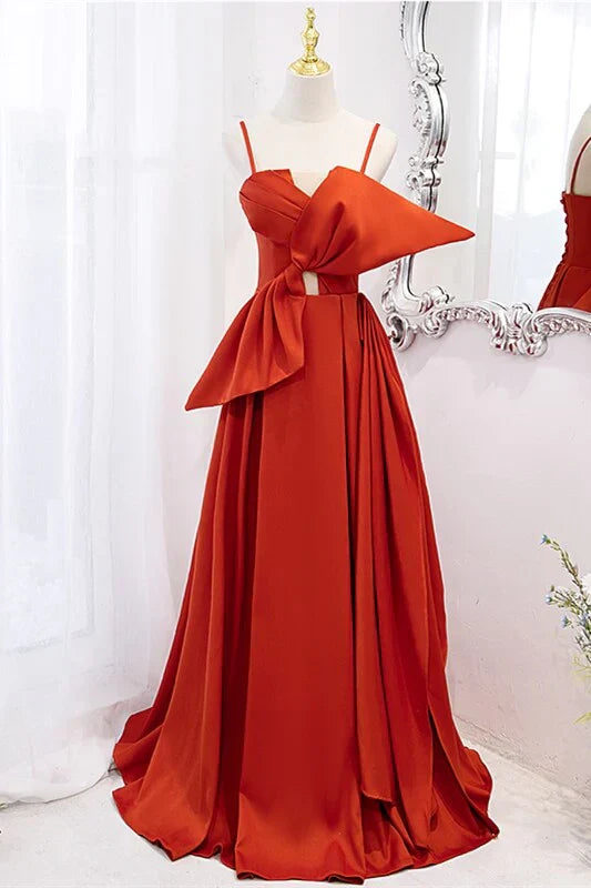 Orange Spaghetti Straps Knotted Satin A-line Long Dress Elegant Evening Dress