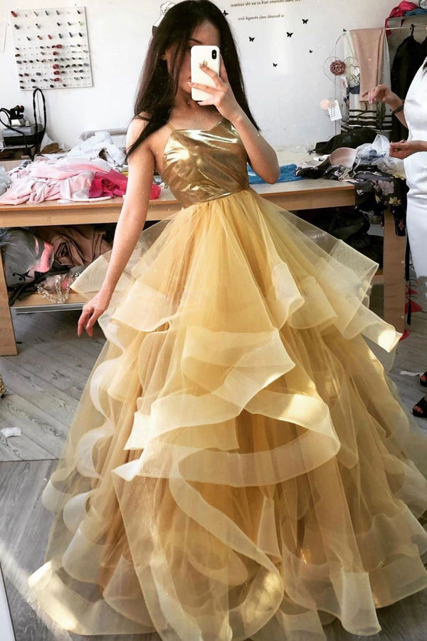 SSR0860,Unique sweetheart tulle long prom dress,gold tulle sweet 16 dress