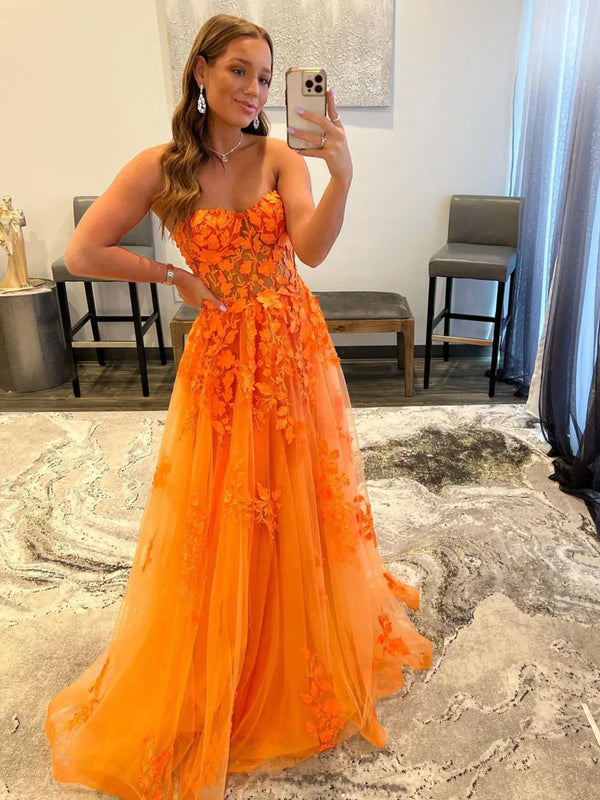 SSR1309,Vestido Strapless Orange Sweetheart Tulle Prom Evening Dresses