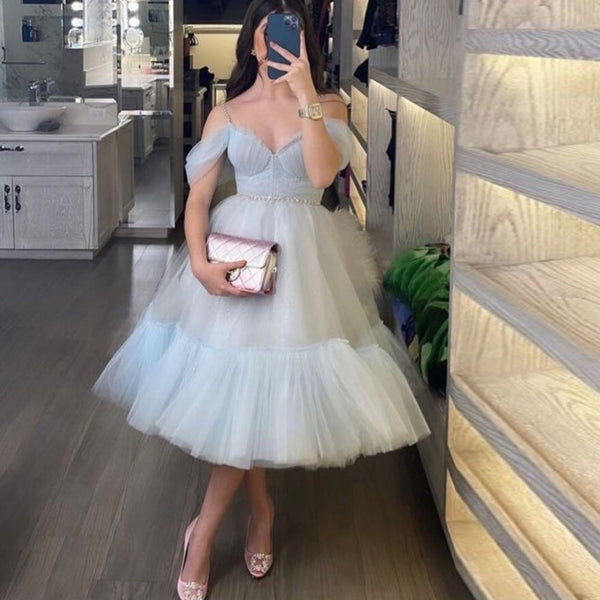 SSR1788,Light Grey Tulle Homecoming Dresses, Spaghetti Straps Graduation Dress