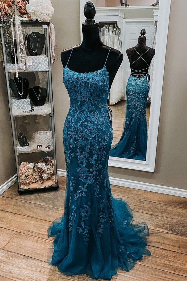 SSR0085,Backless Mermaid Dark Teal Lace Long Prom Dress, Mermaid Teal Lace Long Formal Evening Dress