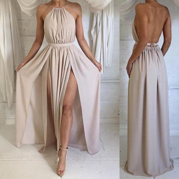 SSR0373,Champagne halter chiffon long prom dress sleeveless split evening gown