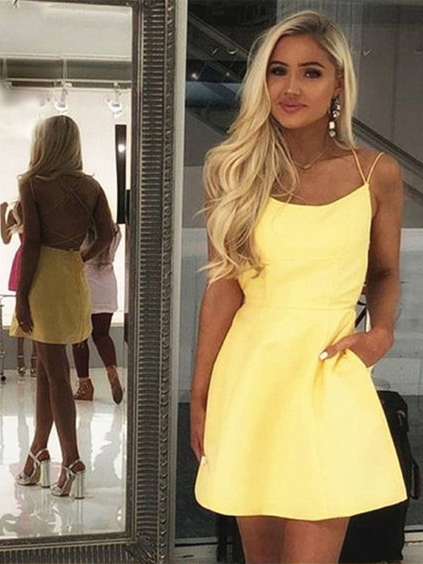 SSR0463,Cute yellow homecoming dresses cross back short prom dress