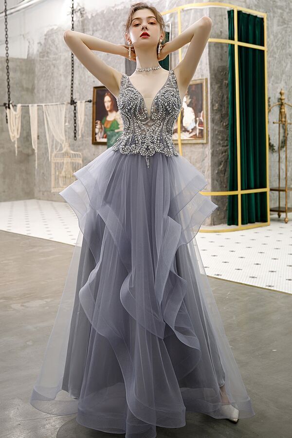 Stunning A-line Navy Blue Tiered Long Formal Gown