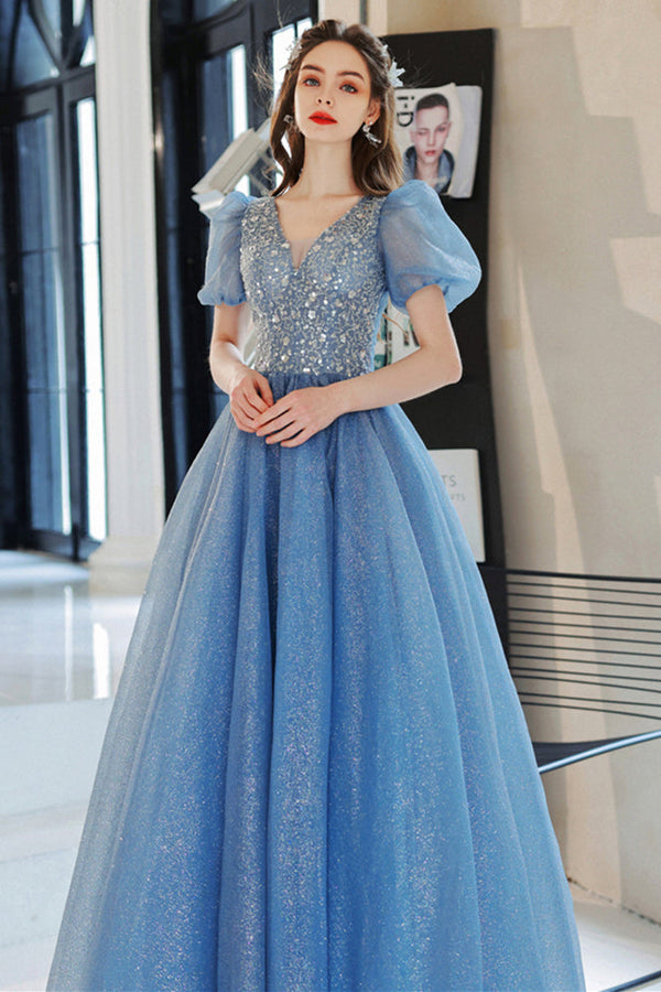 Beaded Blue A-line Short Sleeves Long Formal Dress