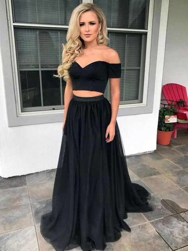 SSR0569,Two Pieces Prom Dress Black Evening Dresses Off The Shoulder Tulle Prom Dresses