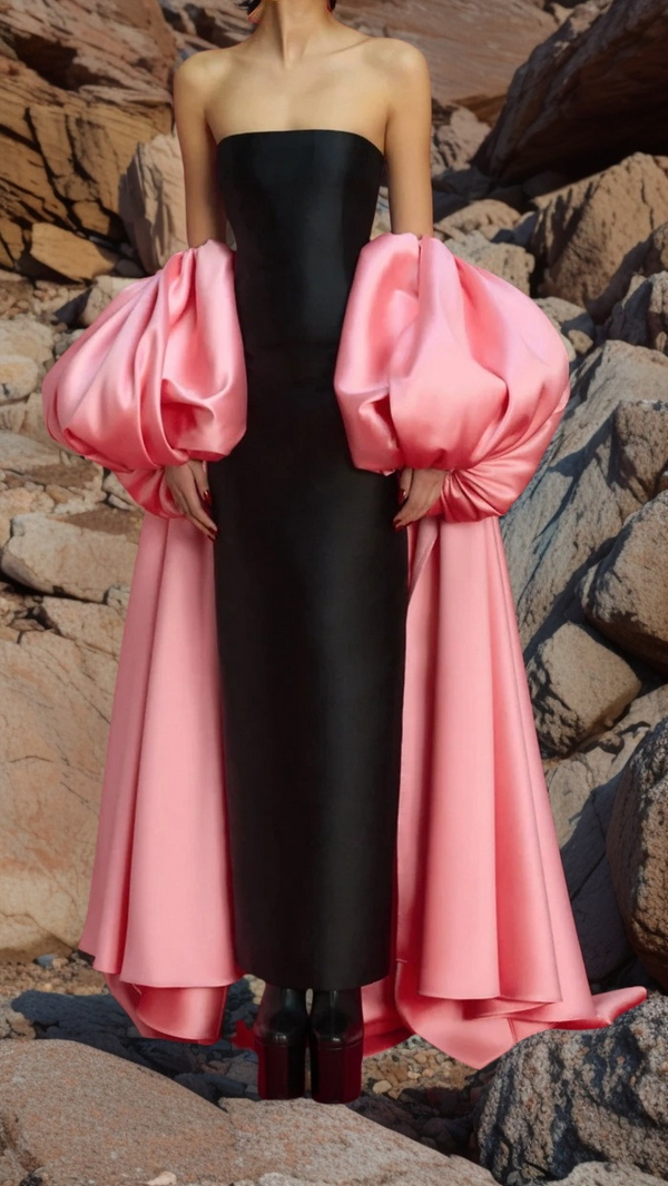 Black Sheath Party Dress, Pink Bubble Sleeves Formal Gown,SSR1057