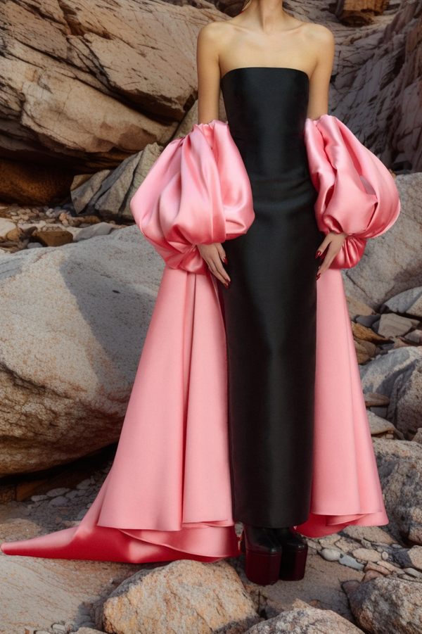 Black Sheath Party Dress, Pink Bubble Sleeves Formal Gown, SSR3463