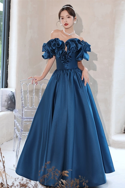 Blue Off the Shoulder A-line Satin Long Formal Dress