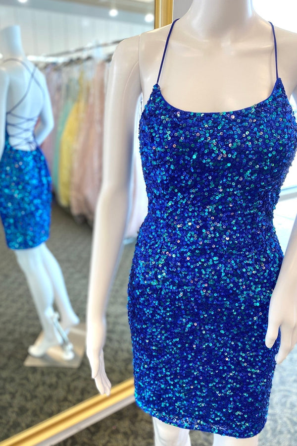 Blue Sequin Straps Bodycon Mini Dress with Cross Back