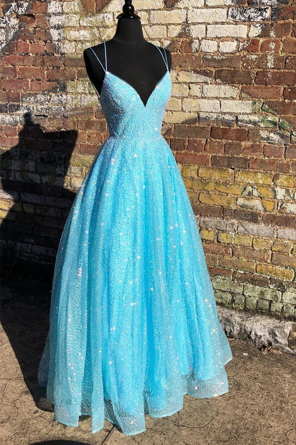 Blue Shiny A-line Long Formal Dress with Lace Up Back