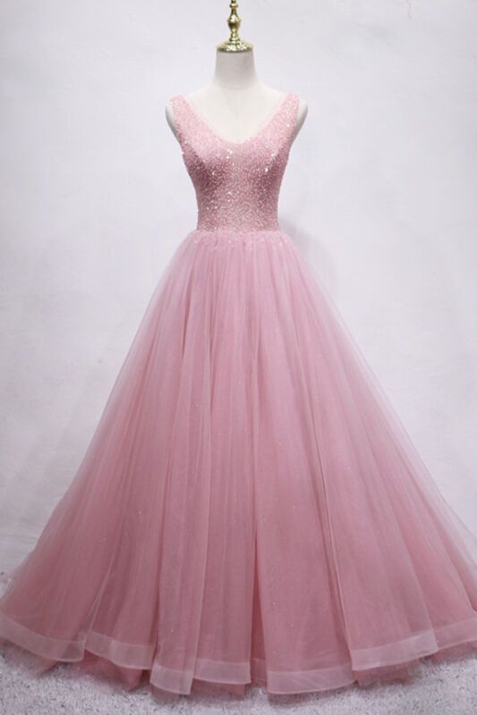 Blush Pink A-line Tulle Long Formal Gown