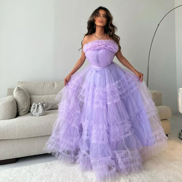 Strapless Tulle Lilac A-Line Party Evening Dress, Long Prom Dresses 2025