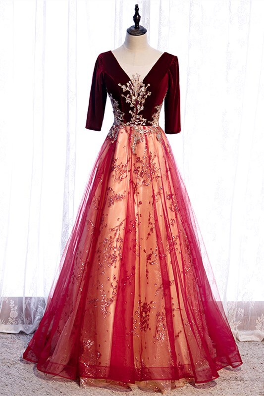 Burgundy A-line Gold Beaded Long Evening Dress