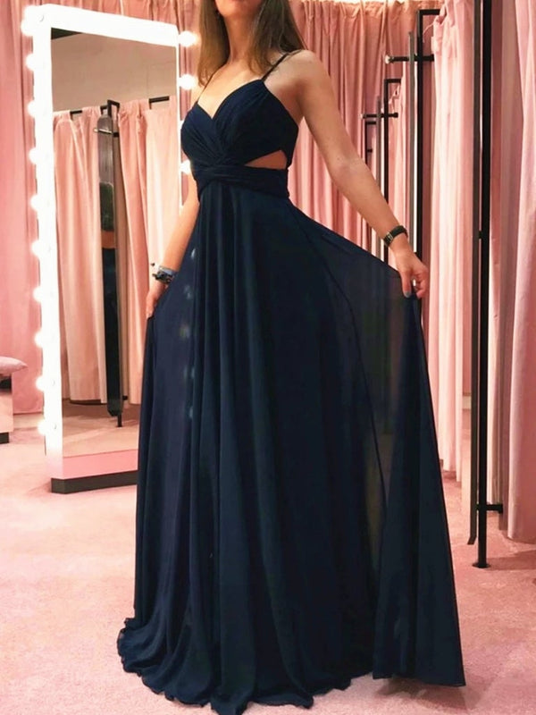 SSR0651,Navy Blue Sweetheart Chiffon Prom Dress,Long A line Bridesmaid Dress with Cut Out
