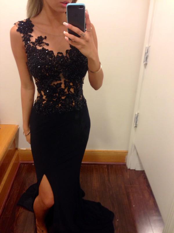 SSR0371,Black applique beaded mermaid prom dresses with split