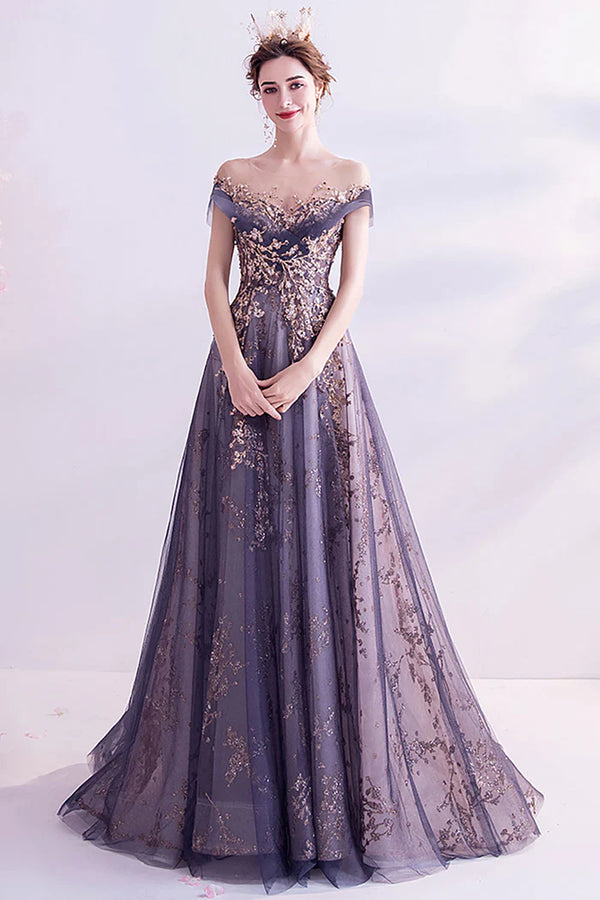Sparkly Purple A-Line Tulle Long Prom Dress，SSR1216
