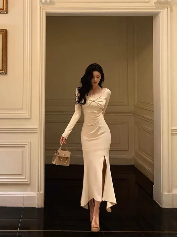 Classy Mermaid Long Sleeves Ivory Slit Prom Dresses Birthday Outfits Evening Gown, SSR3617