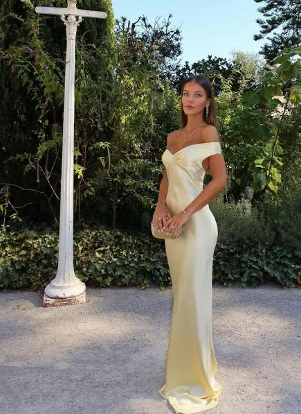 Classy Mermaid Off The Shoulder Yellow Satin Long Evening Dress Prom Dresses , SSR3633