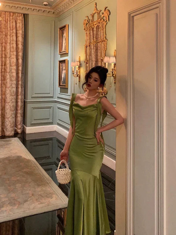 Classy Mermaid Straps Green Satin Prom Dresses Birthday Outfits , SSR3579