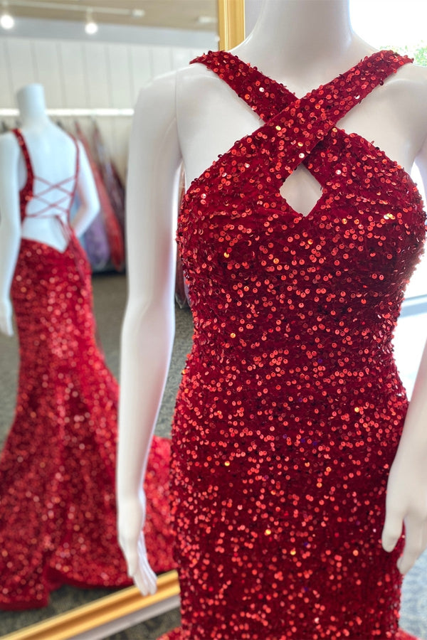 Cross Front Red Sequin Mermaid Formal Dress