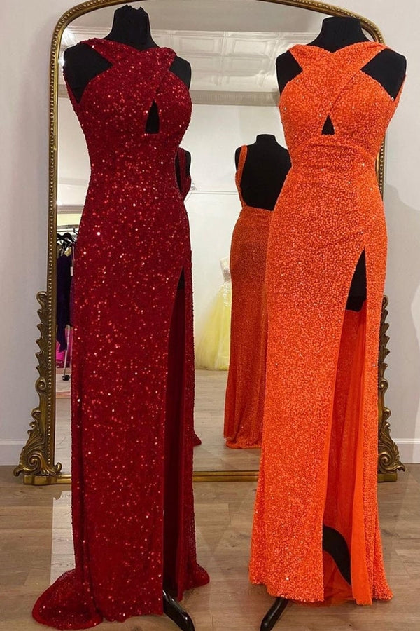 Cross Front Sequin Mermaid Long Formal Dress with Open Back