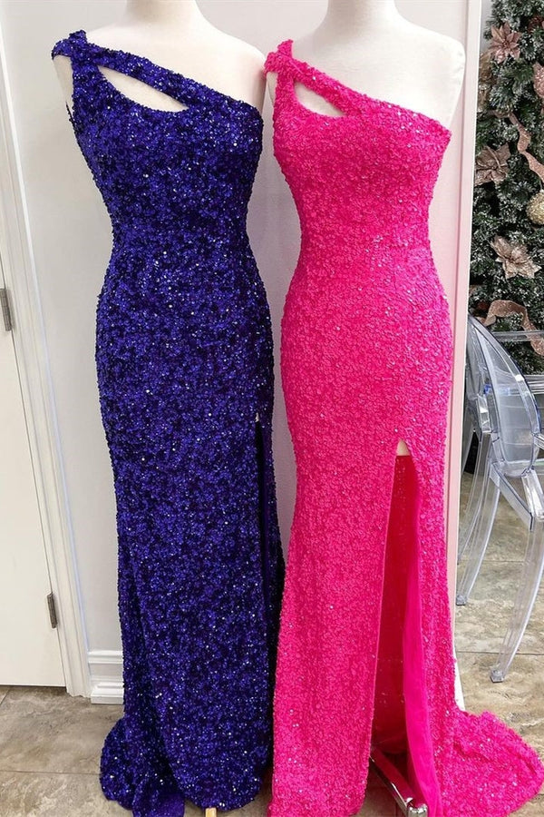 Cross One Shoulder Neon Pink Sequins Mermaid Long Formal Dress